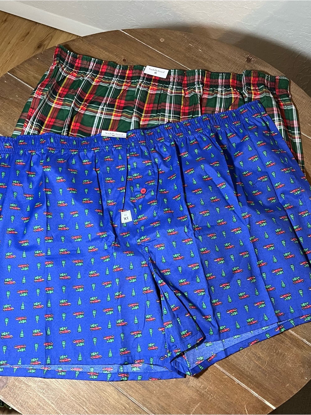 Saddlebred Christmas Tree print & Green Red Plaid Cotton Boxer Shorts - 2 Pack